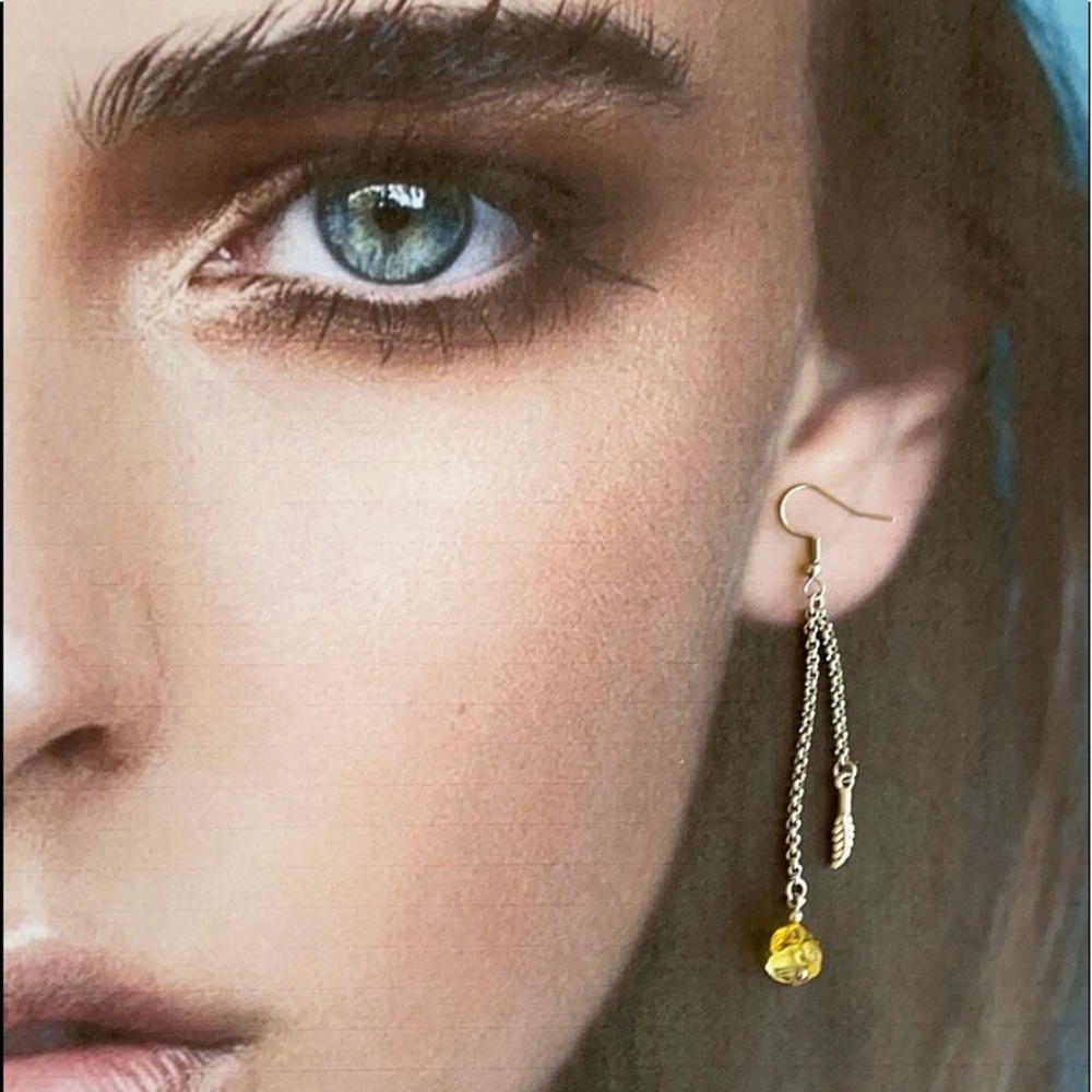 Dangly genuine citrine & feather earrings - Picture 4 of 7